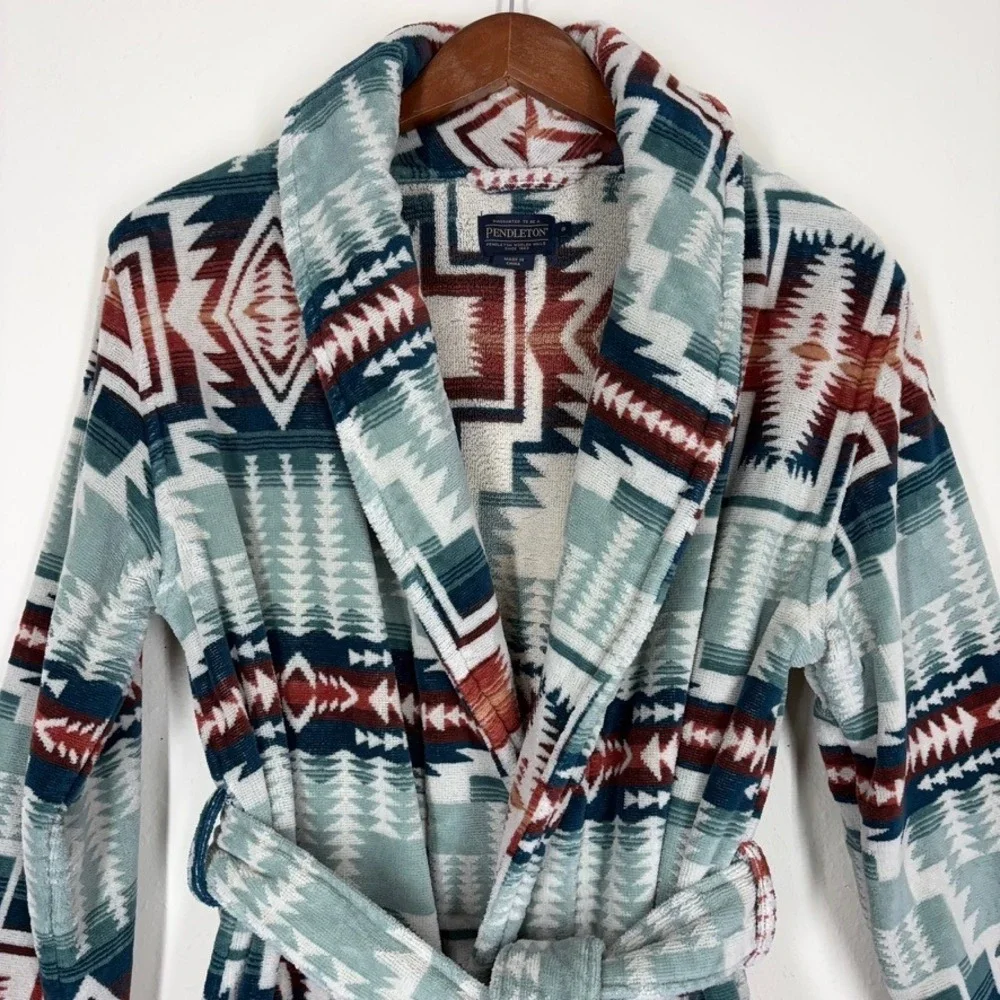 Pendleton Womans Bathrobe S Silver Blue Harding Star Aztec Robe Unisex Cotton